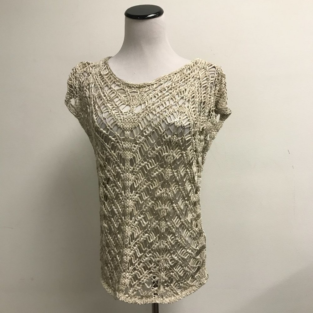 Eileen Fisher beige ribbon open knit top M TUNIC